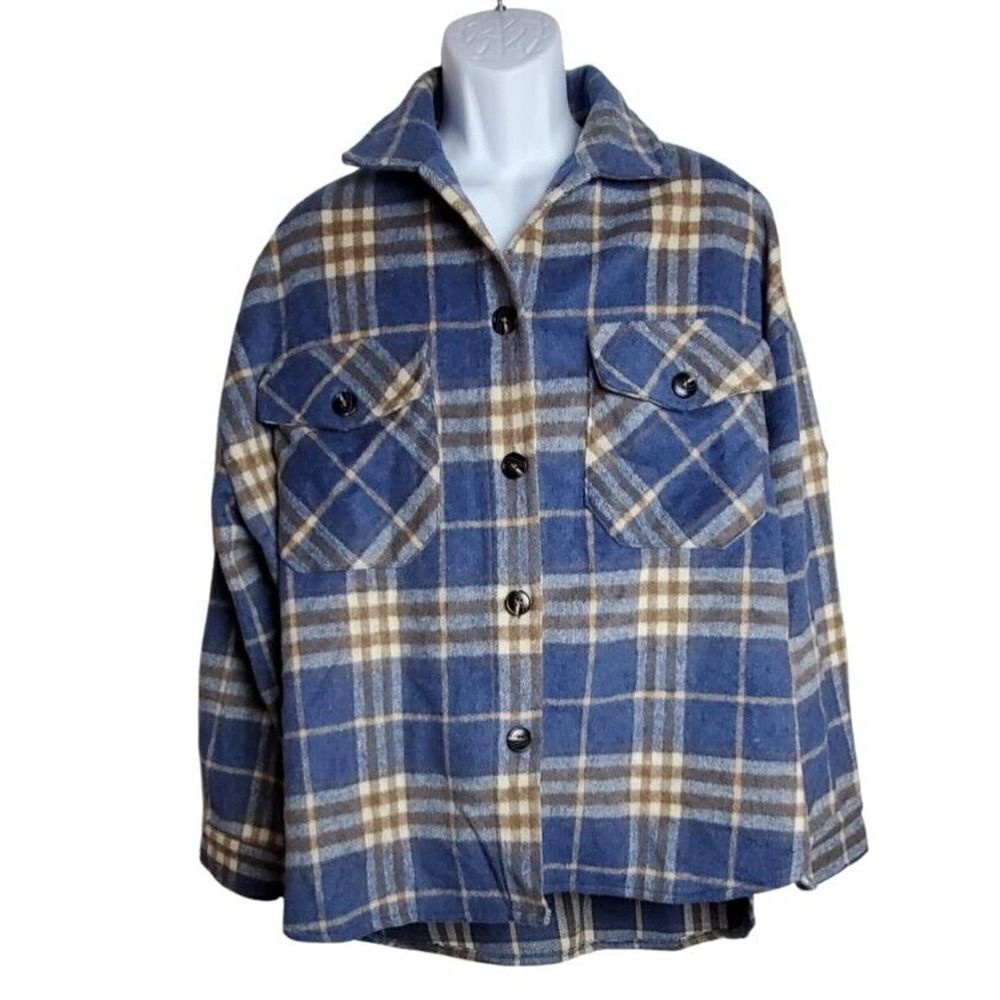 Timing Wool Blend Flannel Shirt Large Brown Blue Plaid Grunge Hipster Festival
